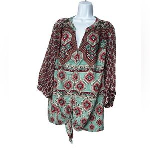 Figueroa and Flower Top Blouse Women Plus 3X Floral Sheer‎ Boho 3/4 Sleeve